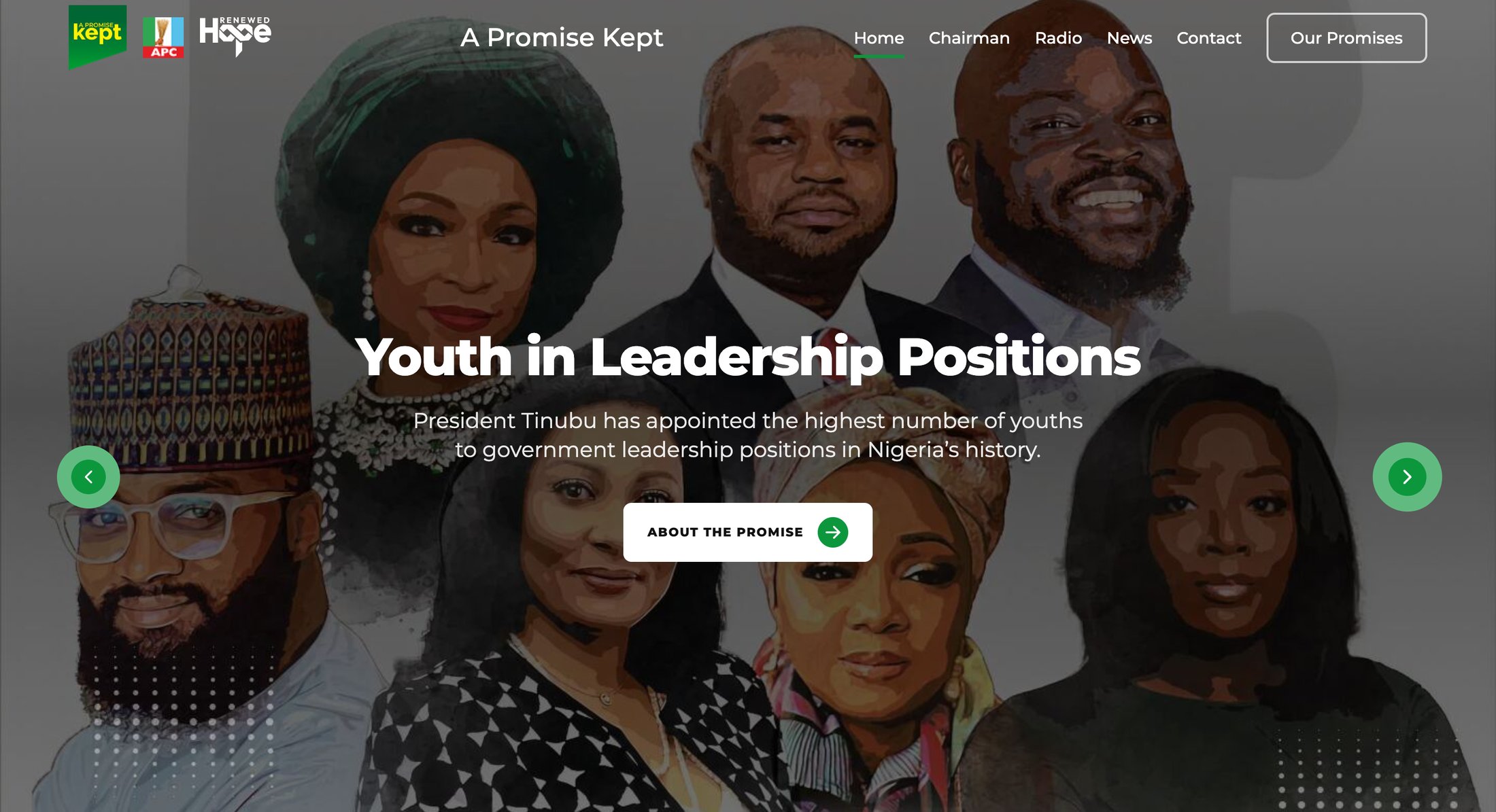 APC Promise Kept homepage on the live site, featuring a Youth in Leadership Positions promise.
