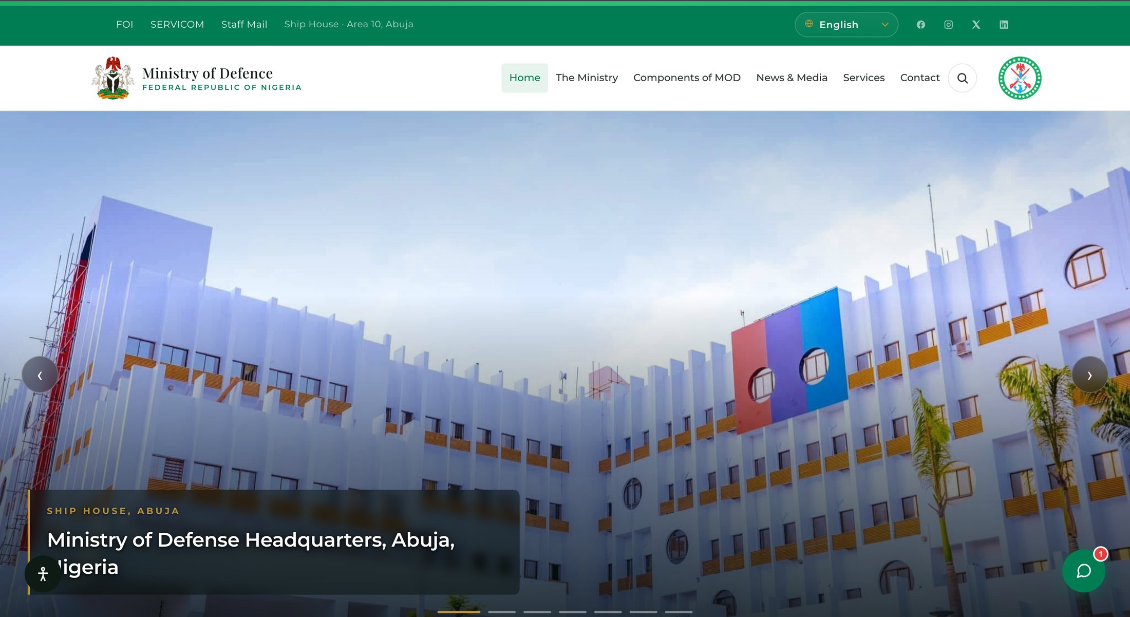 Federal Ministry of Defence homepage on the live site, showing the ministry headquarters building.