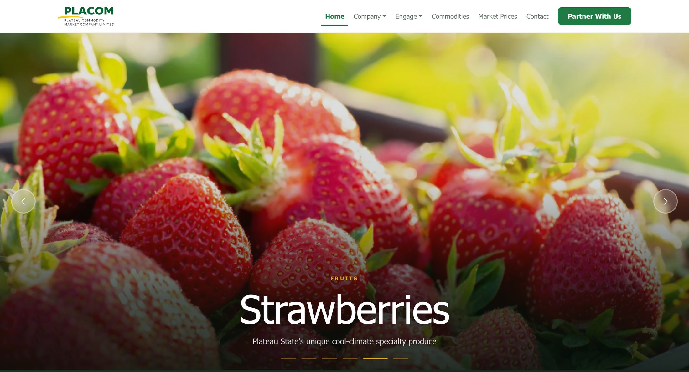 PLACOM homepage on the live site, featuring the strawberries commodity spotlight.